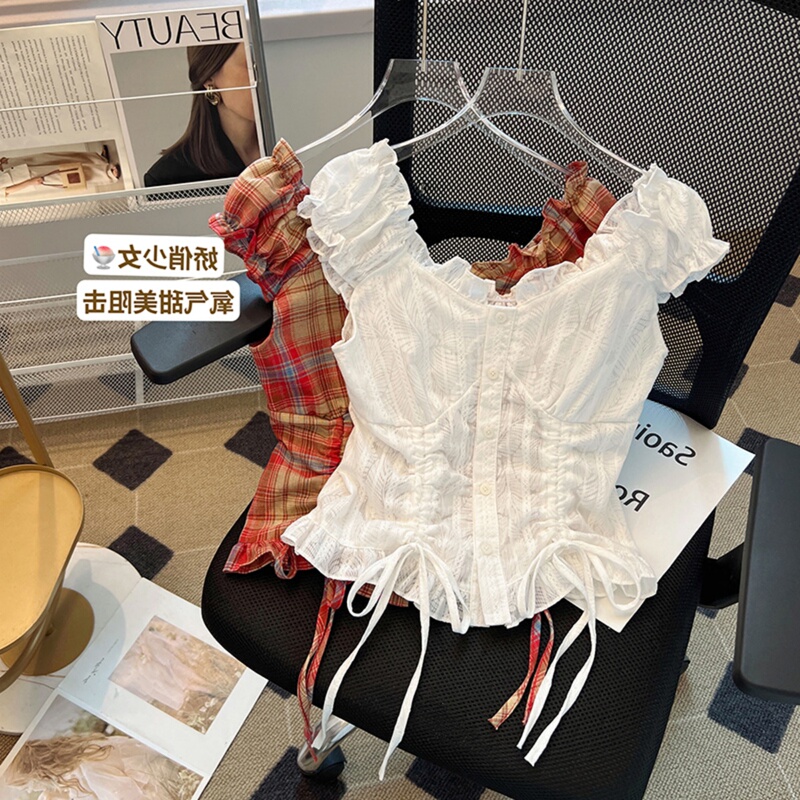 High-End Brand Clearance Women's Off-Shoulder Vintage Plaid Shirt, Summer Waist-Cinching Drawstring Short Top