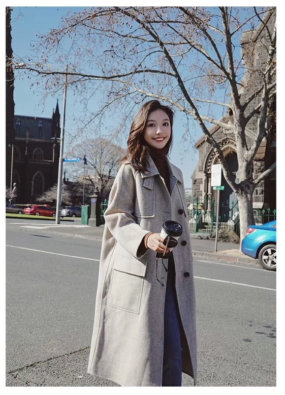 Phiên bản tiếng Hàn mới của phần dài đơn mảnh mỏng trên đầu gối áo khoác len dày đầu gối nữ mùa đông áo len áo khoác len nữ