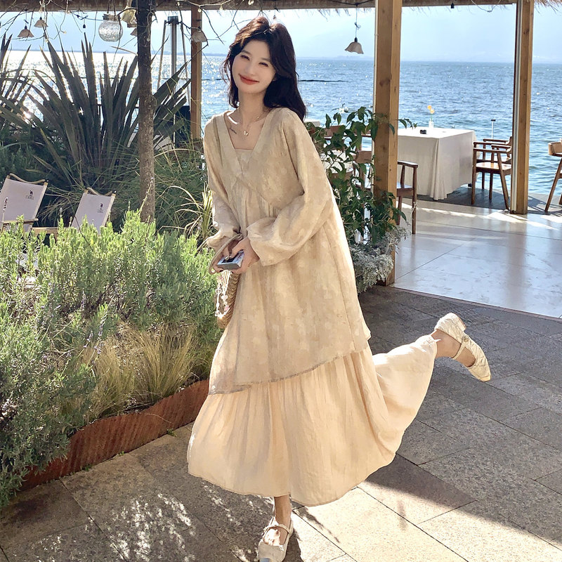 New Chinese-Style Tie-Dye Artistic Elegant Printed Long Dress, Spring and Autumn New Casual Slimming Long-Sleeved Dress for Women