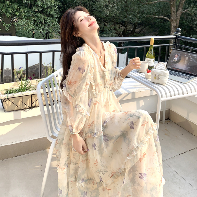 High-End Craftsmanship, Romantic and Ethereal Chiffon Printed French Long Dress, New Spring/Summer V-Neck Elegant Dress for Women