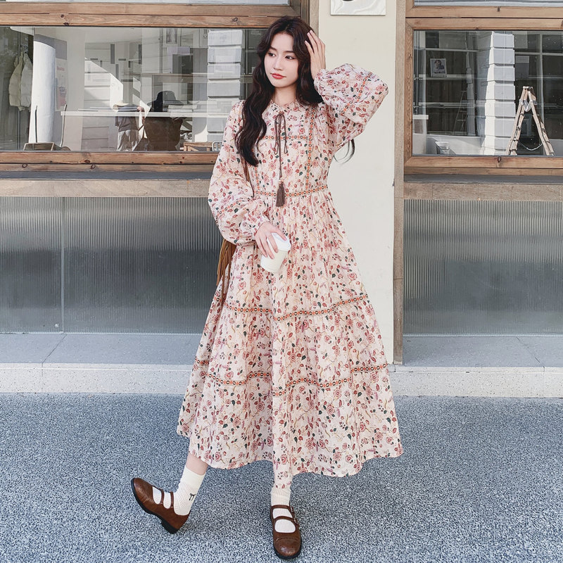 Gentle and Natural Style, Super Pretty Platycodon Floral Tea Break Long Dress, New French Style Slimming and Elegant Long-Sleeved Dress for Women in Autumn