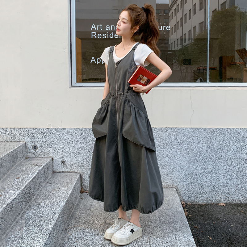 Dark Gray High-Waisted Slimming Workwear-Style Long Dress with Large Pockets, Summer New Korean-Style Suspender Dress for Women, Spring