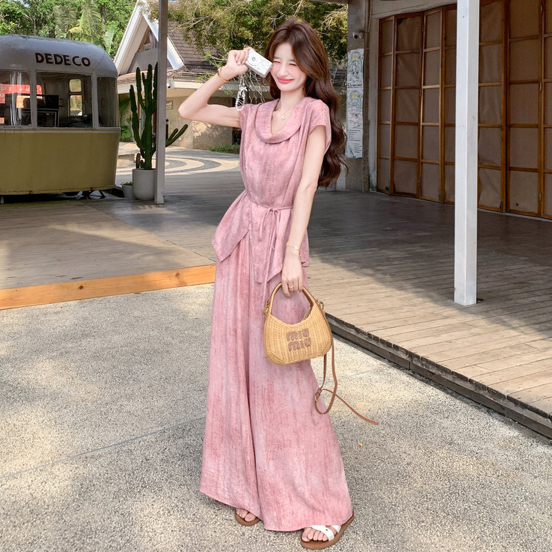 Pink Sweet and Cool Street-Style Tie-Dye French Top Fashion Set for Women, New Summer Casual Wide-Leg Pants Two-Piece Trendy Set