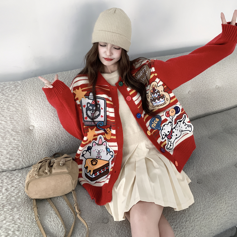 Christmas and New Year Red Fun Cartoon Pattern Fair Isle Sweater Knitted Cardigan Jacket for Women, New Winter Style for Petite Sizes