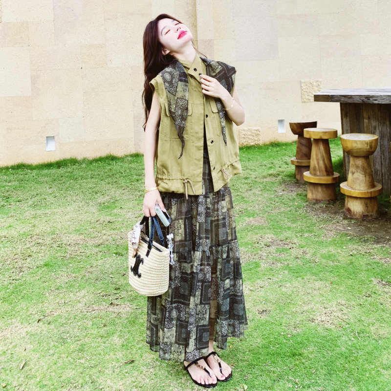 Wizard of oz Forest-Style Shawl Workwear Vest Set, New Summer Ethnic Style Chiffon Printed Skirt Two-Piece Set