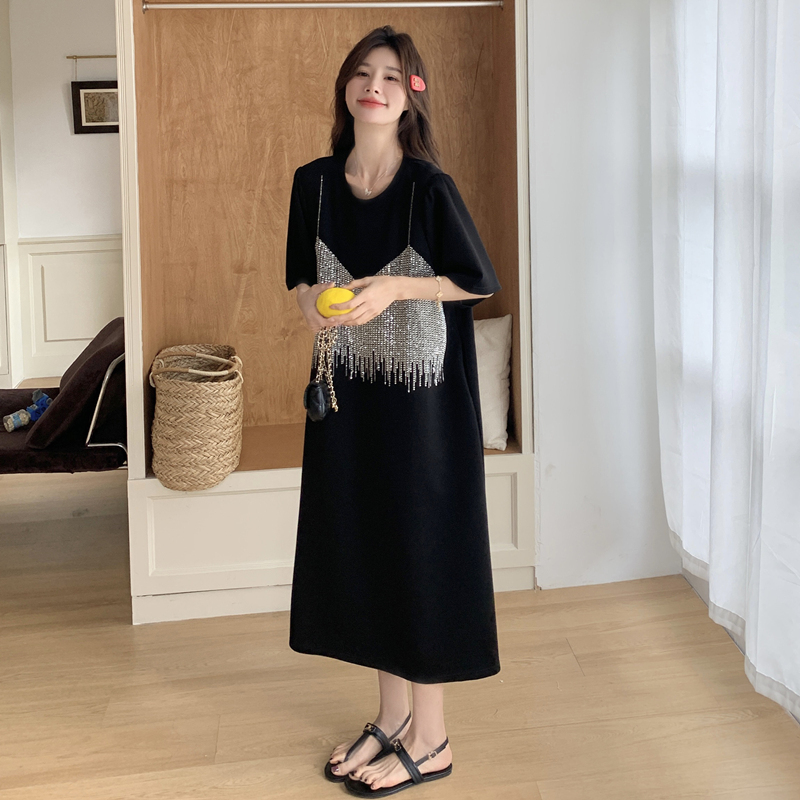 Black Design-Focused, High-Quality Casual Sequin T-Shirt Long Dress, New Summer Style, Slimming, Elegant and Gentle Dress for Women Black Design-Focused, High-Quality Casual Sequin T-Shirt Long Dress, New Summer Style, Slimming, Elegant and Gentle Dress for Women
