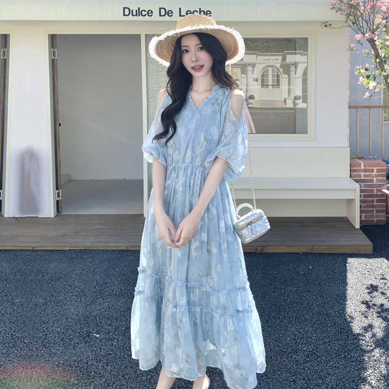 Blue Super Fairy-Like Romantic Off-Shoulder Chiffon Printed Holiday Style Long Dress New Slimming Elegant Sweet Dress for Women Summer