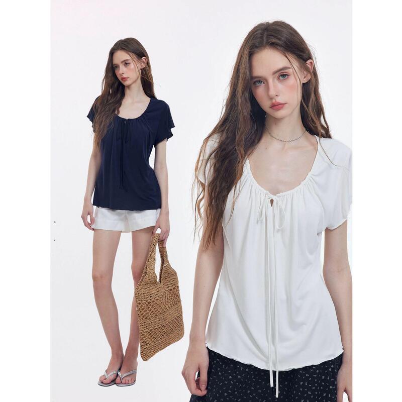 Breathable, Gentle and Relaxed, Holiday-Style Gathered Lace-Up Waist-Slimming Short-Sleeved T-Shirt, Korean Style Top 3031