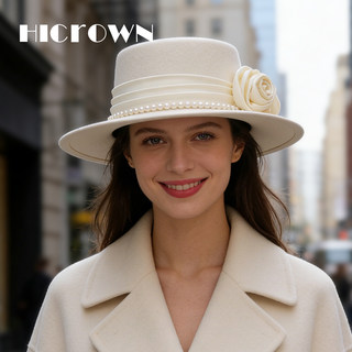 French-Style Elegant White Wool Flat-Top Hat for Women, Autumn and Winter, with Pearls and Handmade Rose Flowers, Socialite Style