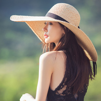 New large eaves beach Rafi grass dribbling shade straw hat model female star holiday sunscreen sun hat can be folded
