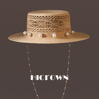 French-Style Hand-Woven Hollow-Out Raffia Straw Hat for Women, Summer Pearl Chain Vacation Sun Hat, Flat-Top Hat, Travel Accessory