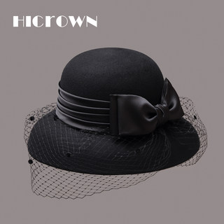 New Autumn and Winter Black Wool Felt Hat for Women, French Retro Mesh Rabbit Fur Beret with Veil, Hepburn Style Cloche Hat