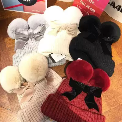 Net Red new Japanese design knitted hat velvet hat big rabbit hair ball bow sweet warm hat children parent-child