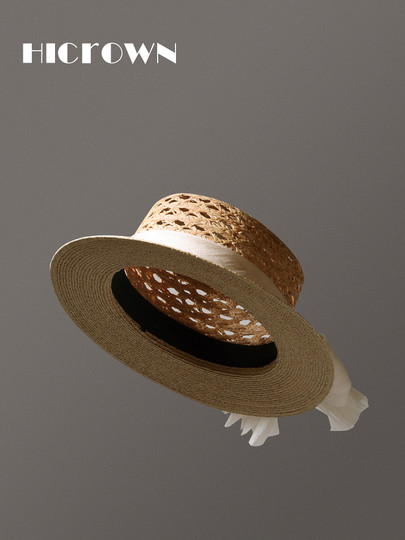 Summer New Style Raffia Hat for Women, Hollow Flat Brim, Vacation Sunshade, Breathable Straw Hat, Elegant Retro Style with Bow