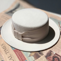Net red bloggers recommend pure white flat top hat wool British retro flat top hat concave shape tide wild face small