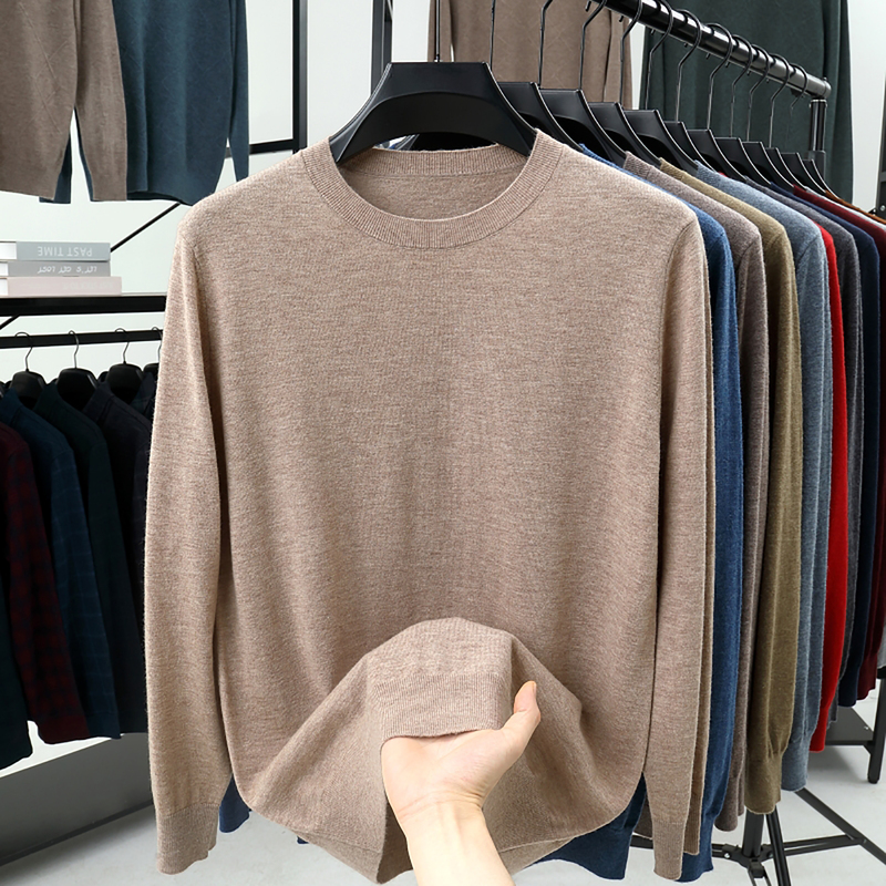 Spring and Autumn Wool Sweater Men's Long-Sleeved T-Shirt Low Round Neck Loose Business Thin Style Loose Base Shirt Plus Size