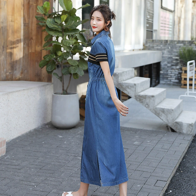 Váy denim ngắn tay của phụ nữ mùa hè 2021 phong cách mới Hàn Quốc thời trang cạp trung dài ngang gối váy dài - Váy dài