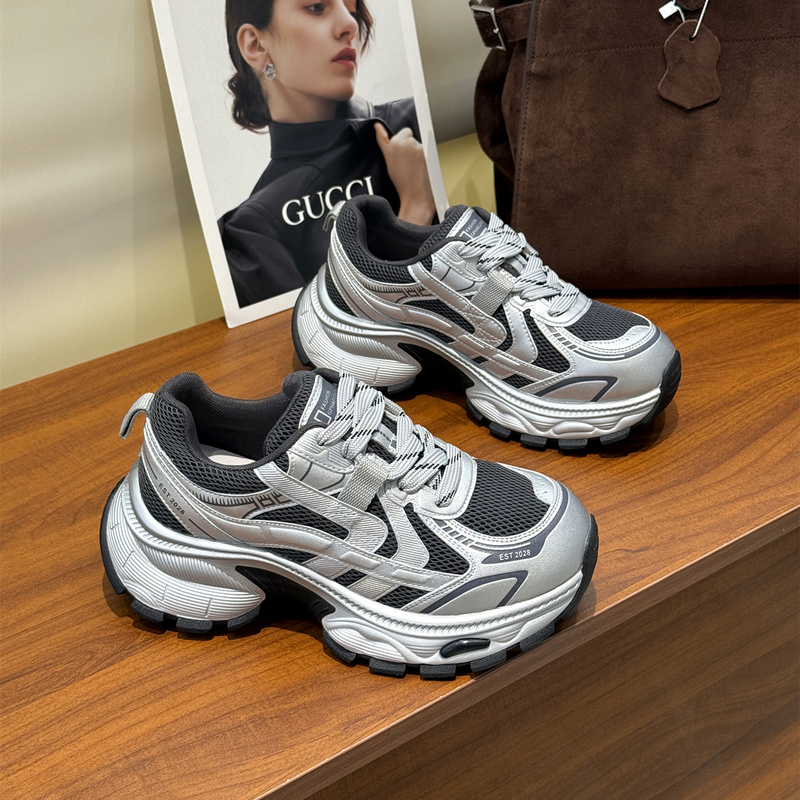 Genuine Leather Platform Trendy Dad Shoes for Women 2025 New Autumn Thick-Soled Height-Increasing Casual Sneakers for Petite Individuals