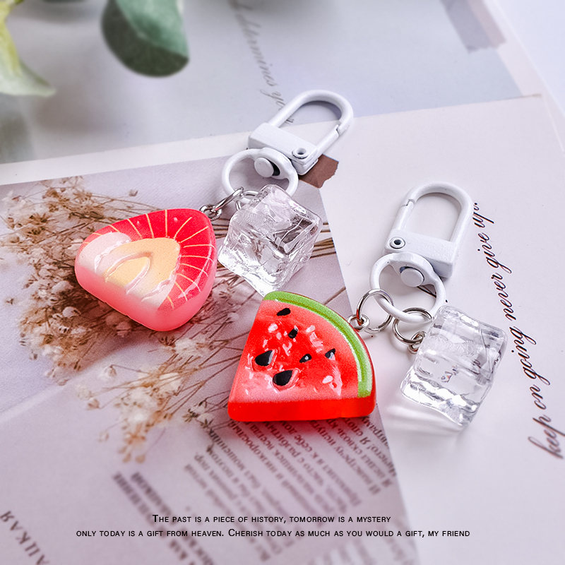 Super Cute Realistic Fruit Ice Cube Keychain Strawberry Watermelon Backpack Pendant Versatile Bag Decoration Small Gift