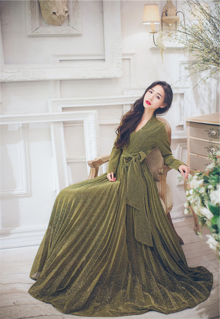 2018 thu đông mẫu nữ retro khí chất thắt eo thon dài tay áo lớn đu vàng nhung váy dài váy nữ váy yếm dài hàn quốc