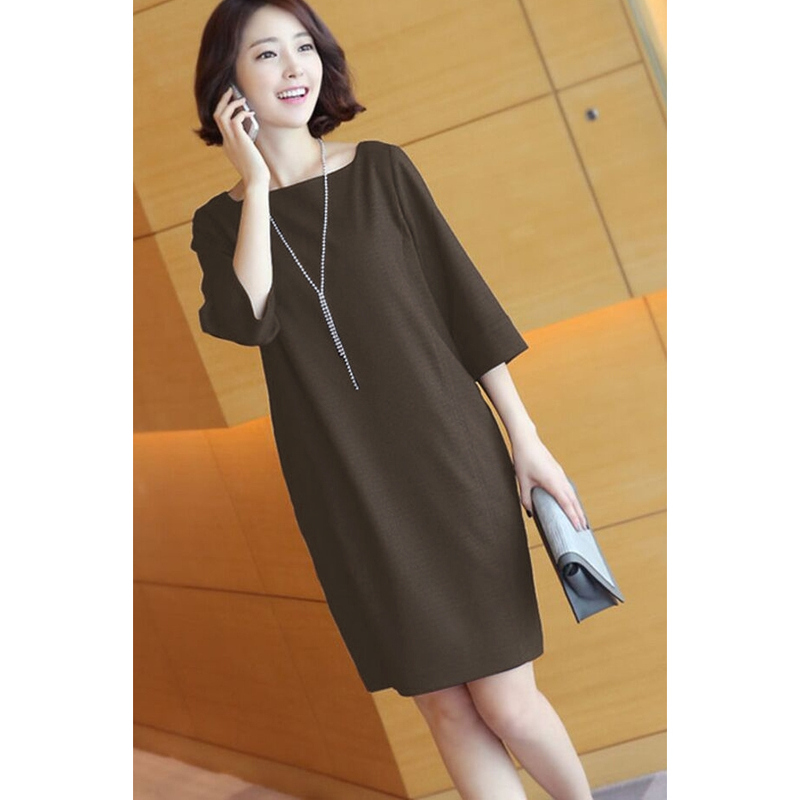 Plus-Size Solid Color High-End Women's Clothing for Spring, Autumn, Winter, and Summer, Three-Quarter Sleeves, Straight, Loose, Stretchy, Tummy-Covering, Pocketed, Mid-Length Dress
