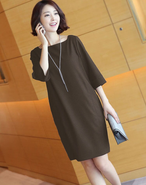 Large size spring and autumn mid-length straight belly-covering slim dress high-end temperament stretch nylon three-quarter sleeve professional women's wear