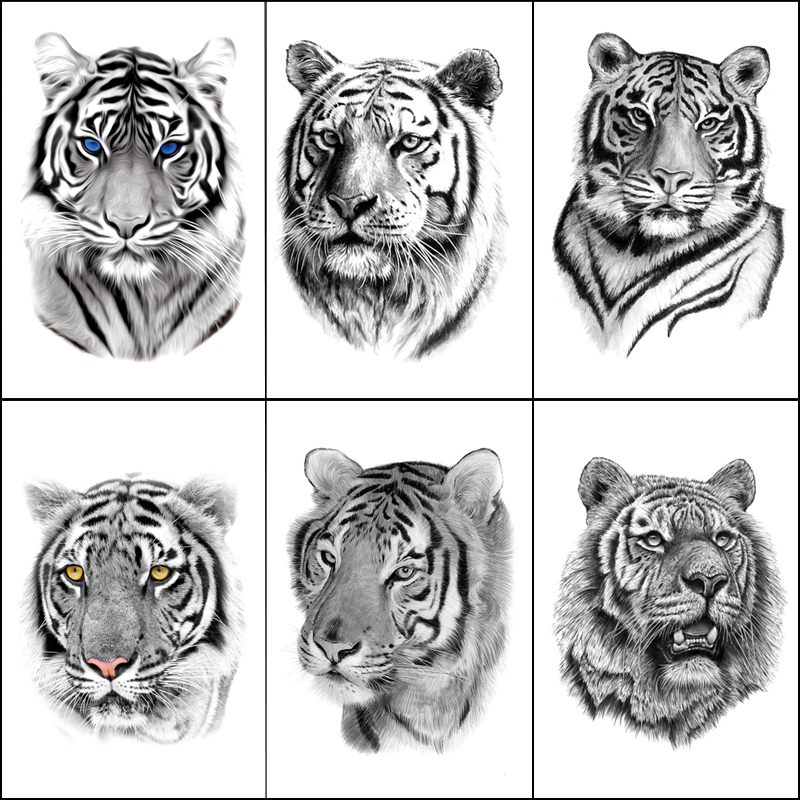 A Set of 6 Flower Arm Tattoo Stickers, Tiger Head Waterproof Tattoo for Women, Back Tiger Tattoo Totem, Long-Lasting Men's Tattoo Stickers