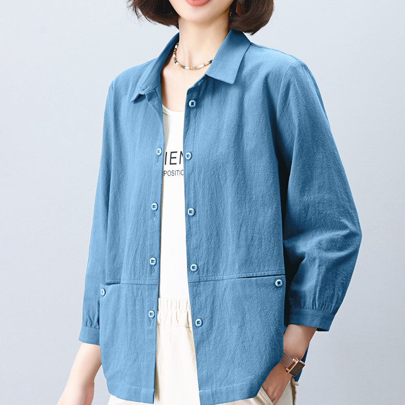 Mom's Loose-Fitting Shirt, Plus-Size Women's Clothing for Middle-Aged and Elderly, Summer Thin Coat, Pure Cotton Top, All-Cotton Lantern Sleeve Shirt