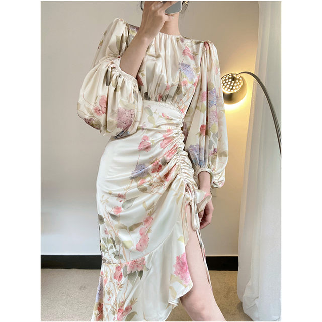 2022 Autumn New French Printing Niche Advanced Design Lantern Sleeve Irregular Fishtail Hip Dress