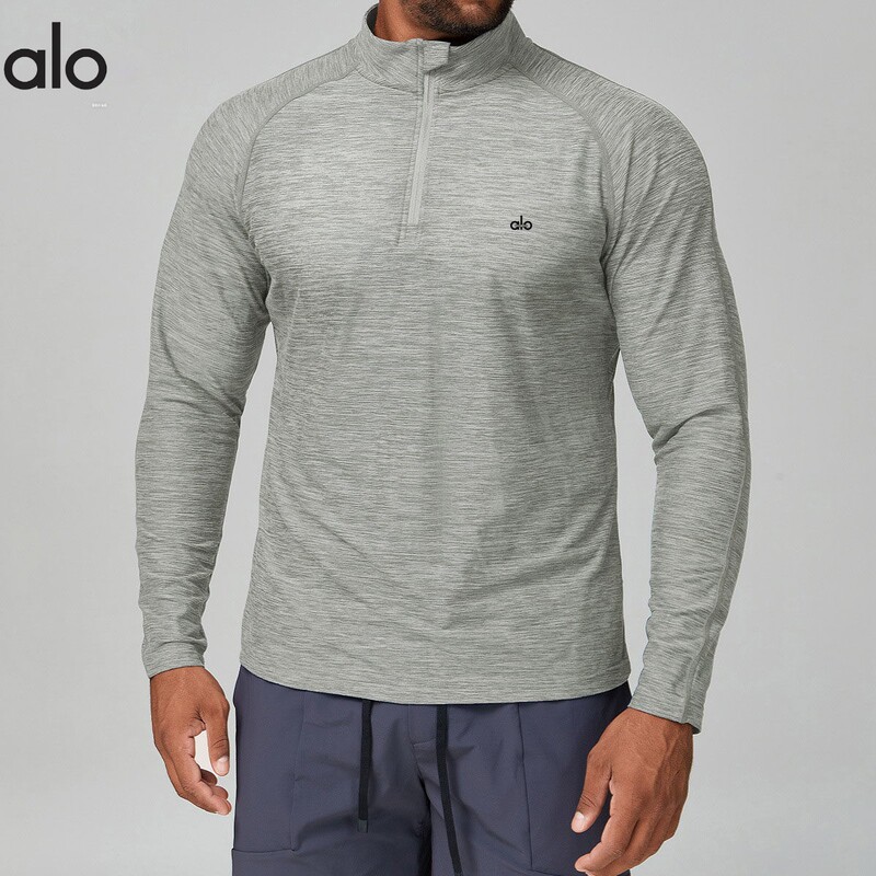 Alo New Autumn Men's Sports Quick-Drying Long-Sleeved T-Shirt Half-Zip Stand-Up Collar Running Breathable Sweat-Absorbent Outdoor Top