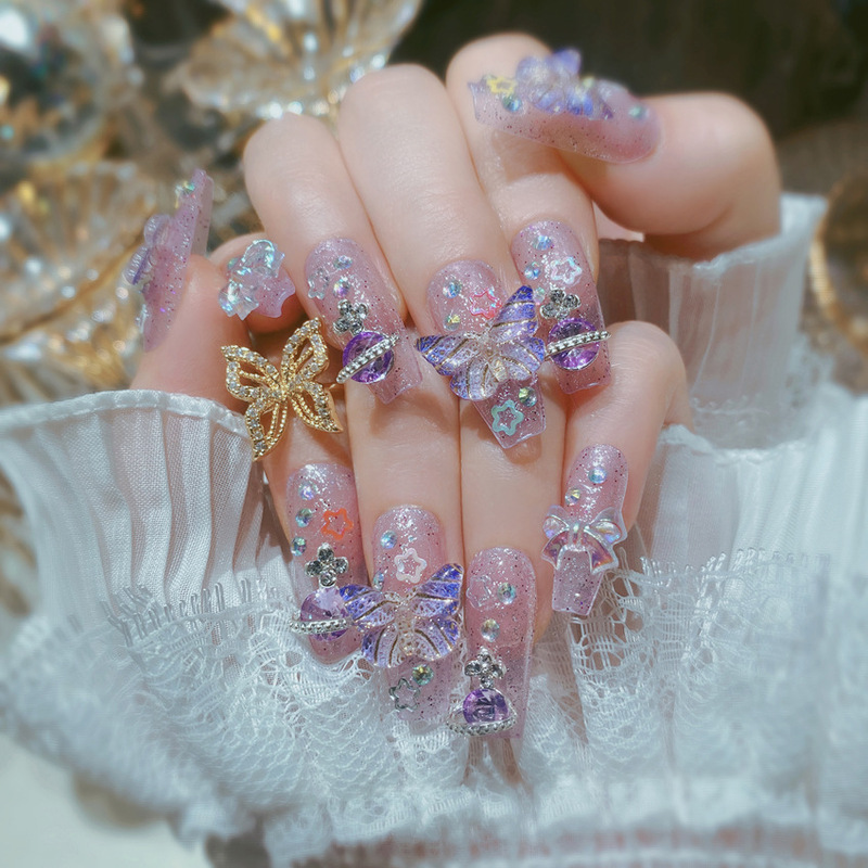 Purely Handmade Wearable Nails 2024 Light Luxury Purple Dazzling Three-Dimensional Butterfly Aurora Planet Detachable Fake Nail Patches