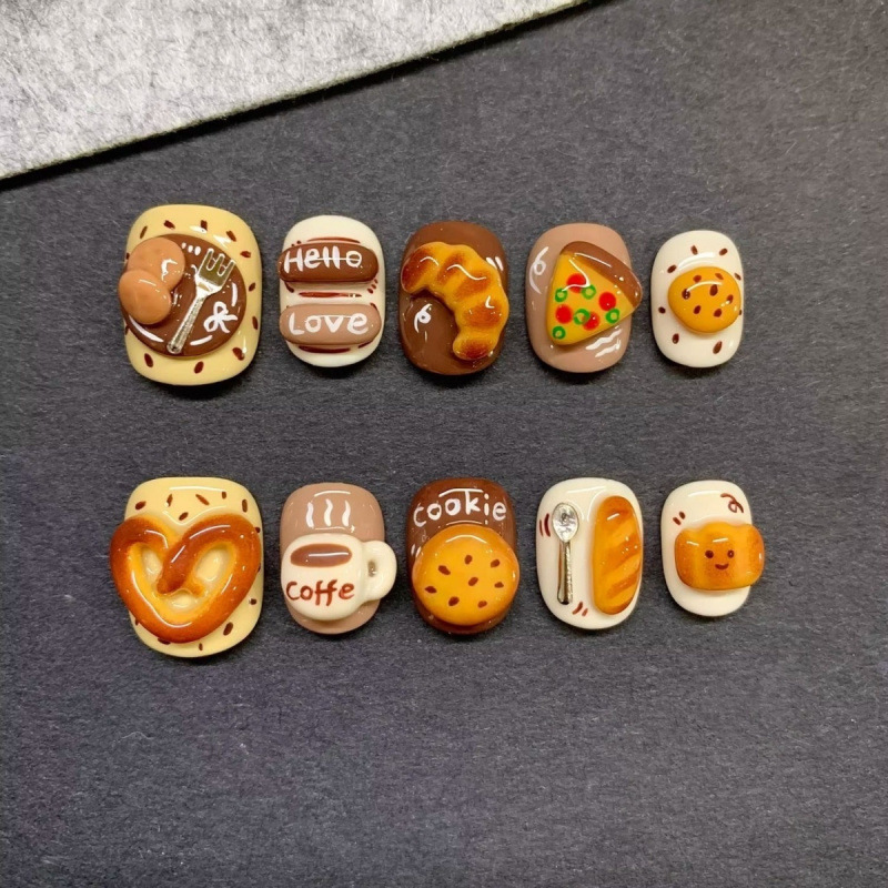Cute Cartoon Bread Decoration for Afternoon Tea, Playful and Unique Short Style, Flattering and Versatile Short Style Press-On Nails