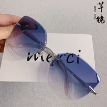 Sassy mirror diamond cut edge no frame myopia sunglasses female asymptotic driving big face cat eye sunglasses with degree glasses