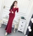 Đầm đuôi cá Đầm suông Đầm dự tiệc 2018 Mới của phụ nữ Thin V-cổ cao Eo dài tay áo dài Váy nữ váy suông dài qua gối Váy dài