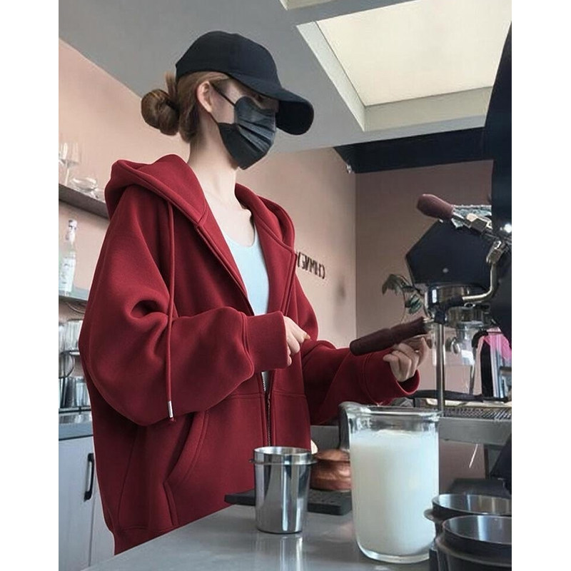 Korean Style Outfit Burgundy Mid-Length Hooded Sweatshirt for Women Autumn Sports Style Casual Zipper Cardigan Top Jacket