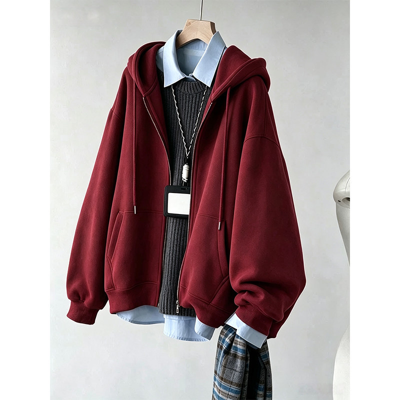 2026 New Autumn Burgundy Hooded Sweatshirt Jacket for Women, Korean Style, Slimming Zipper Cardigan, Long-Sleeved Top