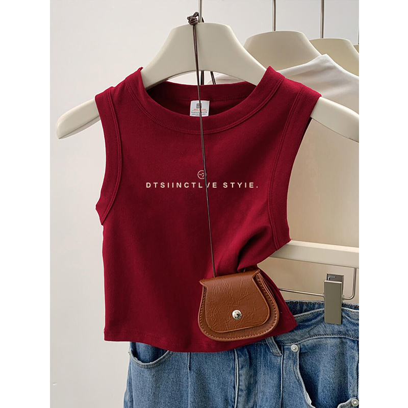 Burgundy Short Shoulder-Baring T-Shirt Camisole for Women, Summer 2026 New Slim-Fit Sleeveless Top for Layering or Wearing Alone