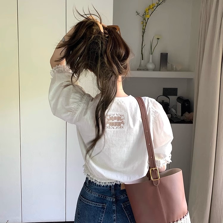 Lace Cut Out Short White Shirt for Women 2025 Summer Fungus Design Short Three-Quarter Sleeve Western Style Top