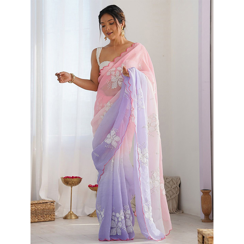 [Flower Butterfly Like a Dream] Age-Reducing and Elegant Indian Sari Chiffon Fairy Embroider Sally Summer Exotic Sweet Women's Skirt