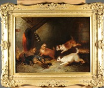 Royal Lion Fort European Antique Oil Painting Playing Puppy Author George Armsfield