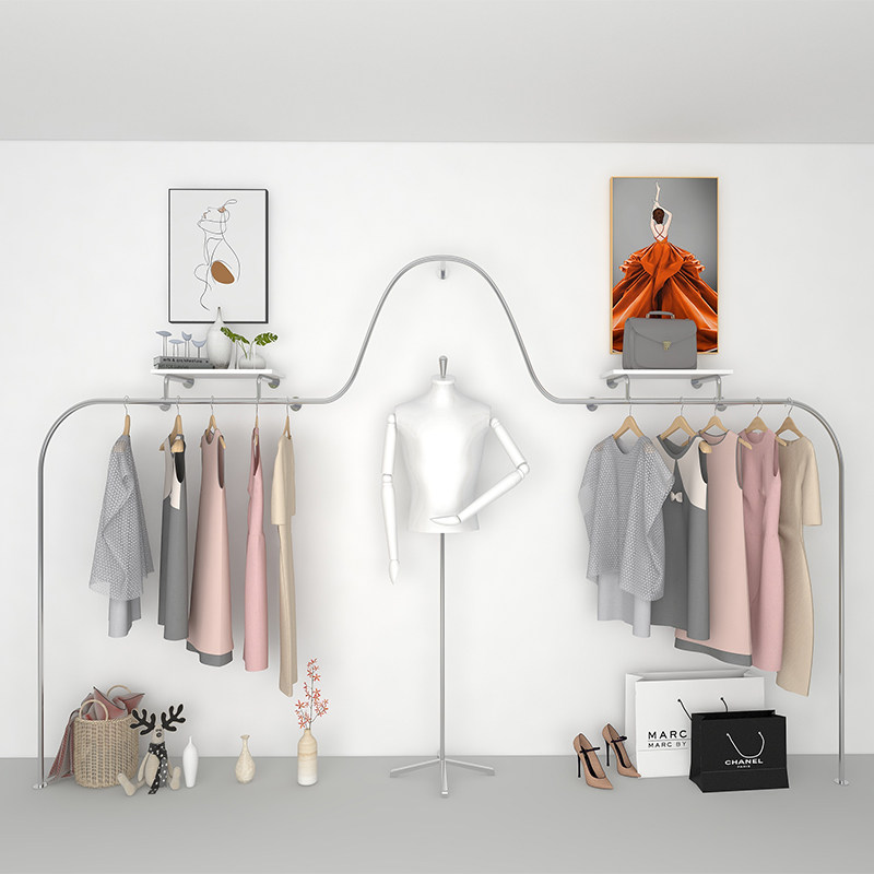 Clothes shop hanging clothes hanger exhibition shelves Creative Women's Clothing Special Display Racks Wall-mounted Shelves Silver set to do