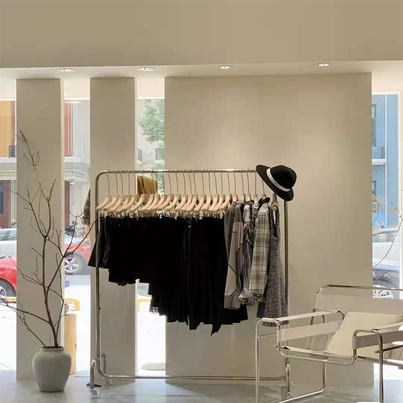 Clothing store display stainless steel landing wheel net red women clothing store shelves drawn silver moving