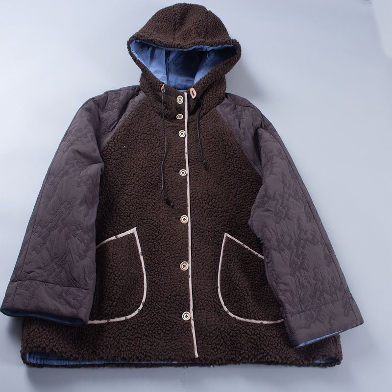 Lamb Wool Plush Hooded Jacket Winter Style Puffer Gray Thick Warm Color-Blocked Top