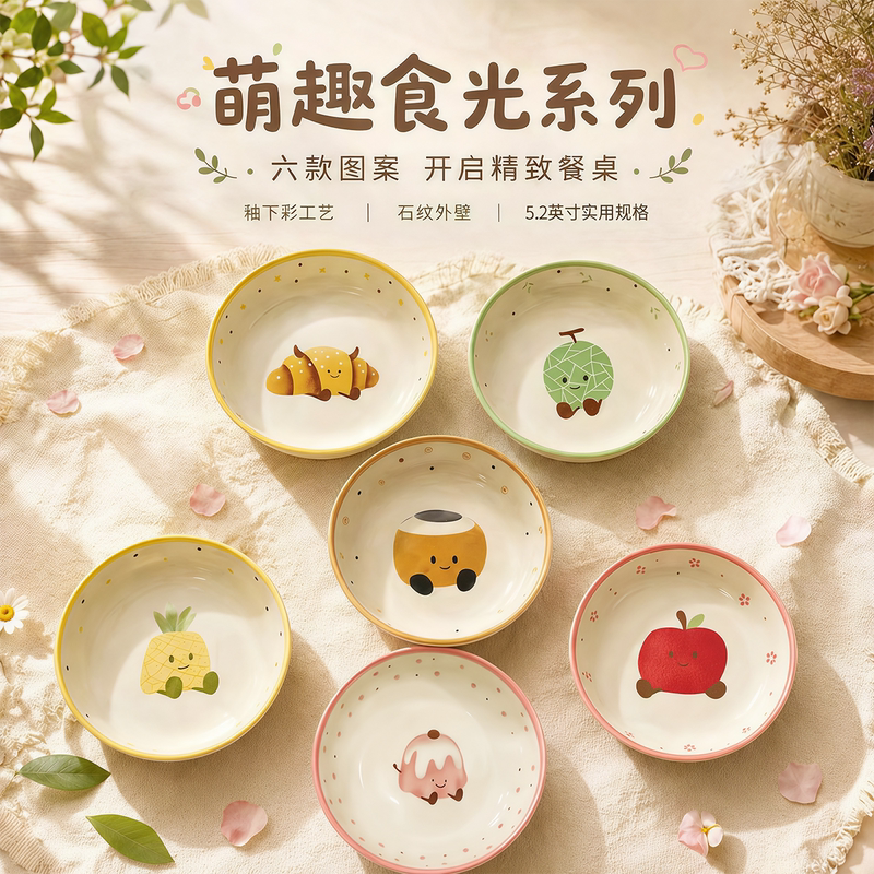 Cute and Fun Cartoon Ceramic Plates, Household Tableware Set, Exquisite Small Plates for Dining Table, Underglaze Color Bone Dish