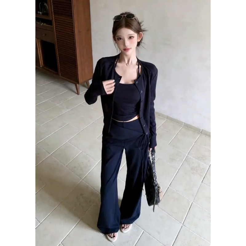 Very Stylish Korean Ootd Outfit Set for Early Autumn: Cardigan, Camisole, Wide-Leg Pants, Casual Three-Piece Suit for Women