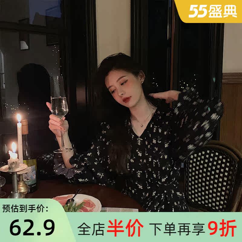 Summer women's 2021 spring new item large size fat mm design sense black chiffon floral dress Zi Spring and autumn