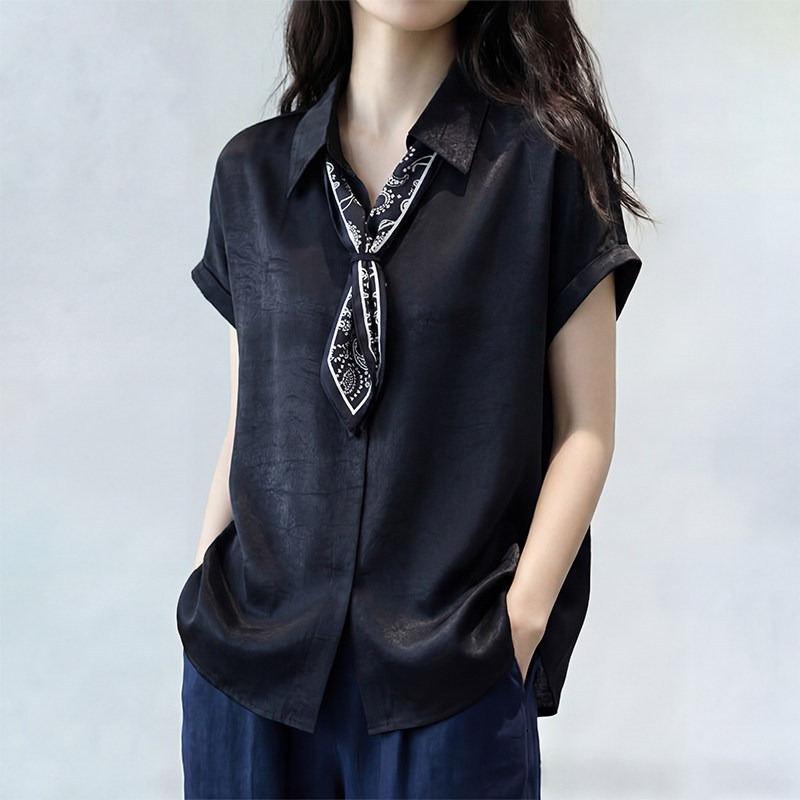 Black Lapel Short-Sleeved Shirt for Women 2026 Summer New Style with Tie Scarf, Elegant, Slimming, Age-Reducing, Commuter Top Black Lapel Short-Sleeved Shirt for Women 2026 Summer New Style with Tie Scarf, Elegant, Slimming, Age-Reducing, Commuter Top