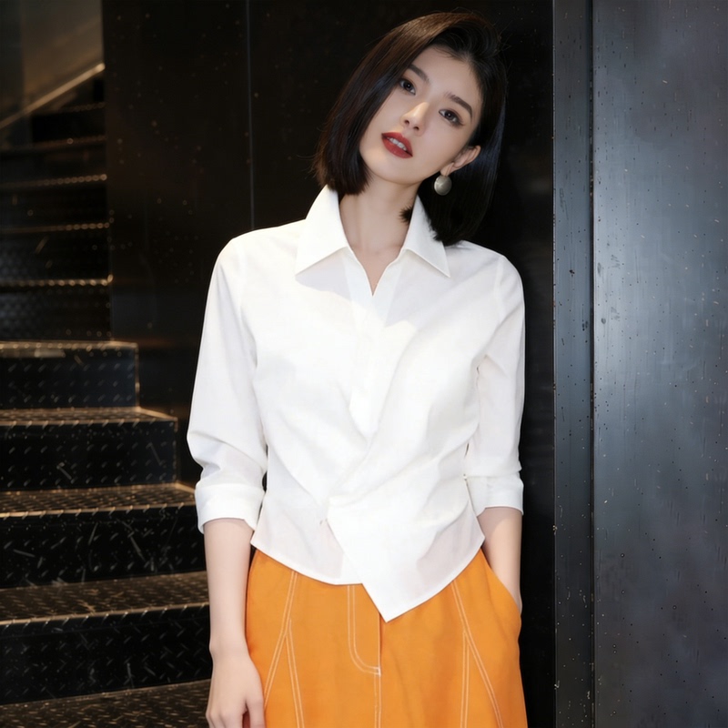 White Shirt for Women, 2026 Spring New Style, High-End, Age-Reducing, Waist-Slimming, Irregular Half-Sleeve Shirt Top