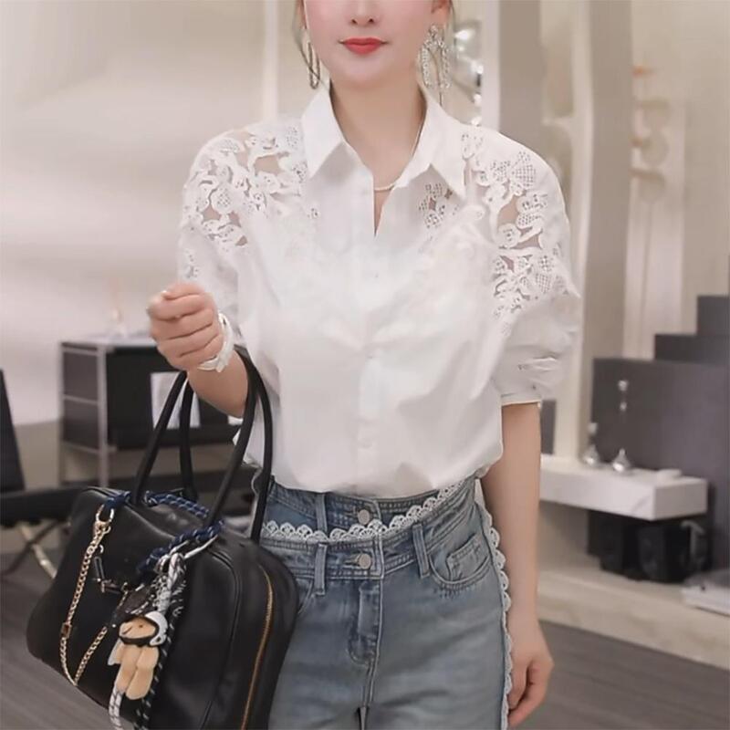 White Hollow-Out Long-Sleeve Shirt for Women, 2026 New Spring Collection, Light Luxury with a High-End Feel, Elaborate Craftsmanship, French Lace Top