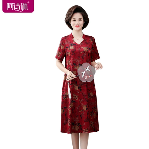 Длинное платье, летняя юбка для матери, средней длины, V-образный вырез, коллекция 2021, для среднего возраста, большой размер